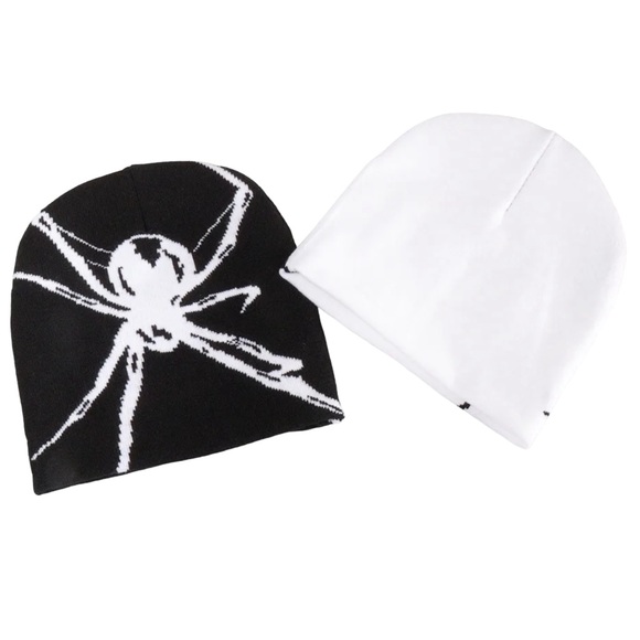 Badass black and white spider beanie edgy rocker goth NEW - Picture 2 of 5